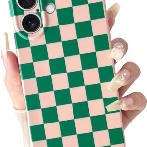 Chequered Chessboard Pattern Design, Soft TPU Silicone Mobile Phone Case with Camera Protection, Slim Shockproof Protective Case for Women and Girls - Pink & Green