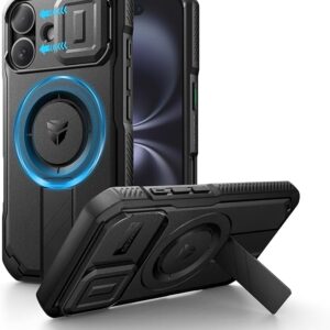 Case with Camera Cover Slide & Adjustable Kickstand, Magnetic Rugged Shockproof Bumper Cases Heavy Duty Mangetic Protective Case - Black